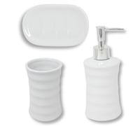 damaloo Ensemble de 3 accessoires de salle de bain en céramique - Blanc - Avec distributeur de savon, gobelet à brosse à dents et porte-savon - Organiseur de salle de bain - Accessoires de salle de