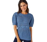 Damart - Pull Maille Ajourée Effet Crochet, Femme, Col Rond, Bleu, 42/44