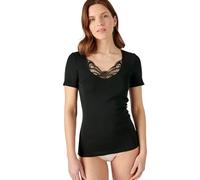 Damart - T-Shirt Fine Côte Guipure Thermolactyl, Femme, Noir, Taille L, Manches Courtes