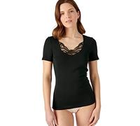 Damart - T-Shirt Fine Côte Guipure Thermolactyl, Femme, Noir, Taille XL, Manches Courtes