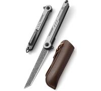 Damascus Folding Knife,Folding Tanto Knife,With Leather Case And Clip,G10 Handle,Light Narrow