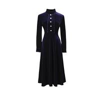 Dame froncé Bouton décor Une Ligne Midi Longue Robe en Velours Robe de Travail de Bureau Femmes Hiver Automne Dark Blue S