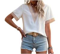 Damen Elegant V-Ausschnitt Kurzarm Top mit Spitze, Leichter Stoff 50% Polyester 50% Elasthan, Casual Bluse für Frühling und Sommer Weiß Damen Bluse V-Ausschnitt (XXL White)