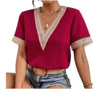 Damen Elegant V-Ausschnitt Kurzarm Top mit Spitze, Leichter Stoff 50% Polyester 50% Elasthan, Casual Bluse für Frühling und Sommer Weiß Damen Bluse V-Ausschnitt (XXL Red)