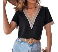 Damen Elegant V-Ausschnitt Kurzarm Top mit Spitze, Leichter Stoff 50% Polyester 50% Elasthan, Casual Bluse für Frühling und Sommer Weiß Damen Bluse V-Ausschnitt (XXL Black)
