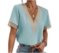 Damen Elegant V-Ausschnitt Kurzarm Top mit Spitze, Leichter Stoff 50% Polyester 50% Elasthan, Casual Bluse für Frühling und Sommer Weiß Damen Bluse V-Ausschnitt (XXL Blue)