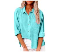 Damen Frühling und Sommer Einfarbiges Revers Langarmhemd mit Taschen und Seitenschlitzen Freizeithemd, Himmelblau, S