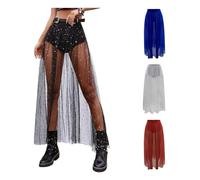 Damen Sexy 2 in 1 Transparent Mesh Rock Shorts,Festival Outfit Damen High Waist Maxirock Glitzer mit Shorts,Drunter Tüllrock Glitzer Mesh Rock für Streetwear und Clubwear