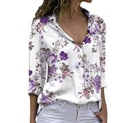 Damen-Shirts mit Blumenmuster, Langarm, Button-Down-Bluse, Sommer, tailliert, Lila, S