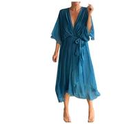 Damen Sommer Bohemian Casual Wickelkleid V-Ausschnitt Rüschenkappe Kurzarm Gürtel A-Linie Plissee Saum Midi Sonnenkleid Stilvolles und Elegantes V-Ausschnitt Kleid Damenkleider Langarm (Navy, M)