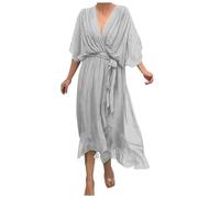 Damen Sommer Bohemian Casual Wickelkleid V-Ausschnitt Rüschenkappe Kurzarm Gürtel A-Linie Plissee Saum Midi Sonnenkleid Stilvolles und Elegantes V-Ausschnitt Kleid Damenkleider Langarm (Grey, M)