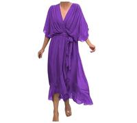 Damen Sommer Bohemian Casual Wickelkleid V-Ausschnitt Rüschenkappe Kurzarm Gürtel A-Linie Plissee Saum Midi Sonnenkleid Stilvolles und Elegantes V-Ausschnitt Kleid Damenkleider Langarm (Purple, S)