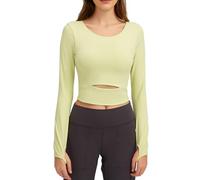 Damen Sport Yoga Langarm Crop Top Fitness Shirt Rundhals Atmungsaktiv mit Daumenlöchern