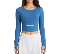 Damen Sport Yoga Langarm Crop Top Fitness Shirt Rundhals Atmungsaktiv mit Daumenlöchern