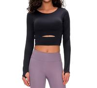 Damen Sport Yoga Langarm Crop Top Fitness Shirt Rundhals Atmungsaktiv mit Daumenlöchern