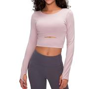 Damen Sport Yoga Langarm Crop Top Fitness Shirt Rundhals Atmungsaktiv mit Daumenlöchern