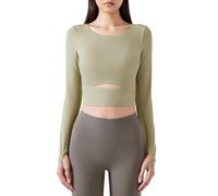 Damen Sport Yoga Langarm Crop Top Fitness Shirt Rundhals Atmungsaktiv mit Daumenlöchern