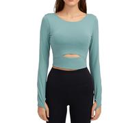Damen Sport Yoga Langarm Crop Top Fitness Shirt Rundhals Atmungsaktiv mit Daumenlöchern