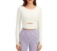 Damen Sport Yoga Langarm Crop Top Fitness Shirt Rundhals Atmungsaktiv mit Daumenlöchern