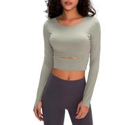 Damen Sport Yoga Langarm Crop Top Fitness Shirt Rundhals Atmungsaktiv mit Daumenlöchern