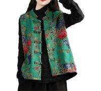 Damen Veste de style chinois rembourrée - Veste sans manches vintage à boutons traditionnels brodés avec motif floral oriental Top rétro bohémien ethno vêtements Hanfu, S2., XXXL