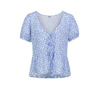 Damenbluse ouverte avec motif floral, détails à lacets et finition à volants