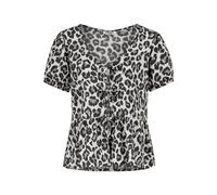 Damenbluse ouverte avec motif floral, détails à lacets et finition à volants