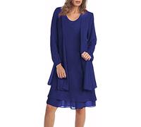Dames élégante Robe d'été 2 pièces Cardigan à Manches Longues Robe mi-Longue Solide Demoiselle d'honneur Mariage Robe de Bal élégante en Mousseline de Soie Robe de soirée (Royal Bleu,XL)