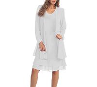 Dames élégante Robe d'été 2 pièces Cardigan à Manches Longues Robe mi-Longue Solide Demoiselle d'honneur Mariage Robe de Bal élégante en Mousseline de Soie Robe de soirée (Blanc,L)