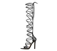 Dames Gladiateur Sandales Stiletto À Lacets Sandales Sexy Discothèque Long Tube Chaussures De Danse Dames Grande Taille,Noir,46 EU