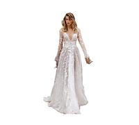 Dames Robe de mariée Sexy col en V Dentelle Sexy à Manches Longues Petite Robe mi-Taille traînante Robe Longue Robe de soirée (Color : White, Size : M)