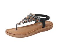 Dames sangle sandales plates été Boho strass chaussures habillées confort bout ouvert élastique bride la cheville sandales sans bretelles romaines Blouson compatible with Moto Homologué (37)