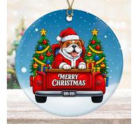 DamienBrightGift Décoration de Noël en forme de bouledogue anglais - Camion rouge en céramique avec décoration d'arbre - Cadeau souvenir de vacances pour amoureux des chiens - Décoration de Noël pour