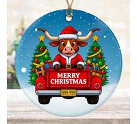 DamienBrightGift Décoration de Noël Texas Longhorn Père Noël - Camion rouge en céramique avec décoration d'arbre - Cadeau souvenir de vacances occidental amusant - Décoration de Noël pour 2025