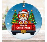 DamienBrightGift Décoration de Noël tigre Père Noël - Camion rouge en céramique avec décoration d'arbre - Cadeau souvenir amusant de vacances - Décoration de Noël 2025 imprimée des deux côtés