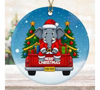 DamienBrightGift Éléphant dans un camion rouge - Décoration de Noël en céramique - Adorable Père Noël - Cadeau souvenir amusant de vacances dans la jungle - Décoration de sapin de Noël fantaisiste
