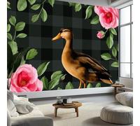 Damier Rétro Rose Feuilles Feuilles Vertes Canard Murale Photo Papier Peint 200 x 140 cm Intissé Tableaux Poster Mural Tapisserie, Noir Papier Peint Panoramique Salon Maison Appartement