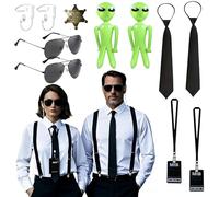 DAMIHAI Lot de 11 accessoires de costume d'agent d'espion avec lunettes de soleil, cravate, casque Alsche, accessoires pour carte d'identité, accessoires gonflables d'extraterrestre verts, insigne