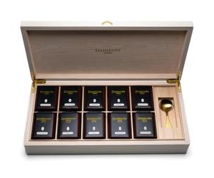 Dammann Frères® | Boîte en bois avec différents thés noirs et verts | Coffret cadeau 10 saveurs | Thé noir, vert et blanc en boîtes métalliques | Coffret cadeau