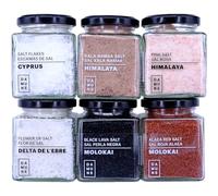 DAMUNE Sels Gourmet: Sel noir Hawaii (200g), Sel rouge Alaea Hawaii (200g), Flocons de sel de Chypre (100g), Fleur de Sel Delta de l'Ebre (150g), Sel Kala Namak (200g) et Sel rose (200g)