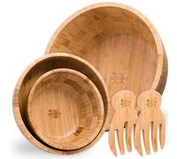 Dan&Co Ensemble Saladier Bois avec Grand Bols Bambou & Couverts à Salade | 3 bol en bois premium et 2 couverts à salade | Grands, moyens et petits bols pour servir des pâtes, des fruits et des snacks