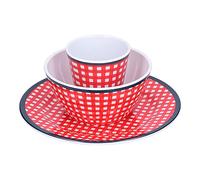 DANAIXZ Ensemble d'assiettes à salade 3 pièces imitation porcelaine, vaisselle de cuisine durable, grilles rouges, assiettes rondes, bols, tasses pour la maison, le restaurant, la