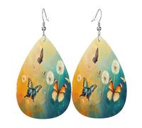 Dancing Pissenlits et papillons Boucles d'oreilles en cuir pour femme en forme de larme - Boucles d'oreilles pendantes légères en PVC avec crochets en argent 925, imprimés double face | Cadeau
