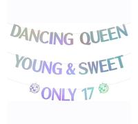 Dancing Queen Young & Sweet Only 17 Bannière « Happy 17th Birthday » pour filles, décoration de fête holographique pour filles, Cheers to 17 ans