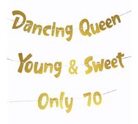 Dancing Queen Young & Sweet Only Bannière dorée à paillettes 70 ans, bannière Cheers to 70 Years pour décoration de fête d'anniversaire