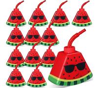 Dandat Lot de 12 gobelets en plastique en forme de pastèque de 370 ml avec pailles et couvercles, réutilisables, pour fête de fruits, fête prénatale, anniversaire, été, hawaïen, fête prénatale