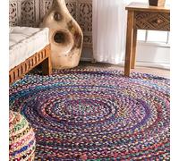 DANGAYACH ART Tapis rond en coton tissé à la main, design unique, style bohème rustique, durable et respectueux des animaux domestiques, pour salon, salle à manger et chambre à coucher, 1,8 m, bleu