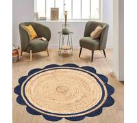 DANGAYACH ART Tapis rond en jute naturelle festonnée fabriquée à la main pour salon, chambre à coucher, entrée - Décoration d'intérieur bohème - Bleu marine et jute naturelle - 3 m
