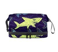 Danger Shark on The Deepsea Trousse de maquillage double couche pour femmes et filles, trousse de toilette de voyage, trousse de maquillage, pochette de rangement pratique avec compartiment à brosse,