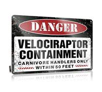 Danger Velociraptor Panneau de confinement vintage en métal avec inscription humoristique en anglais « Danger Velociraptor » - Plaque en aluminium imprimée - 30,5 x 40,6